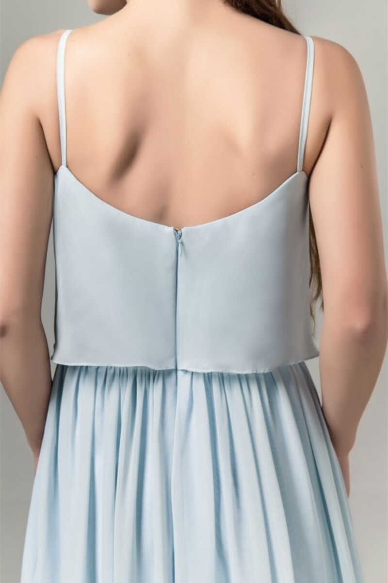 Dusty Blue Chiffon Spaghetti Straps Ruffled Long Bridesmaid Dress