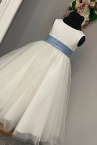 White Jewel Sleeveless Beaded Long Flower Girl Dress with Pleated Sash