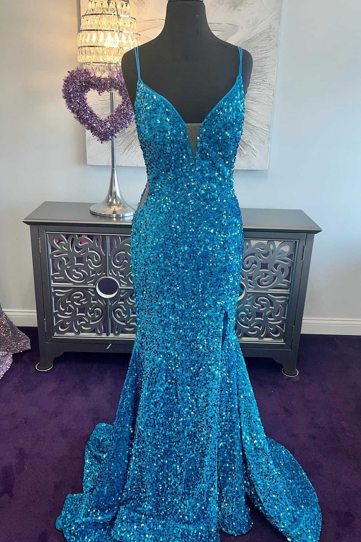 Aqua Sequin Prom Dresses