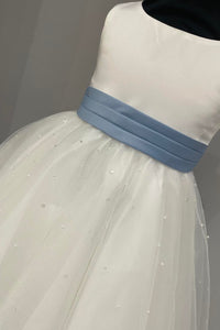 White Jewel Sleeveless Beaded Long Flower Girl Dress with Pleated Sash