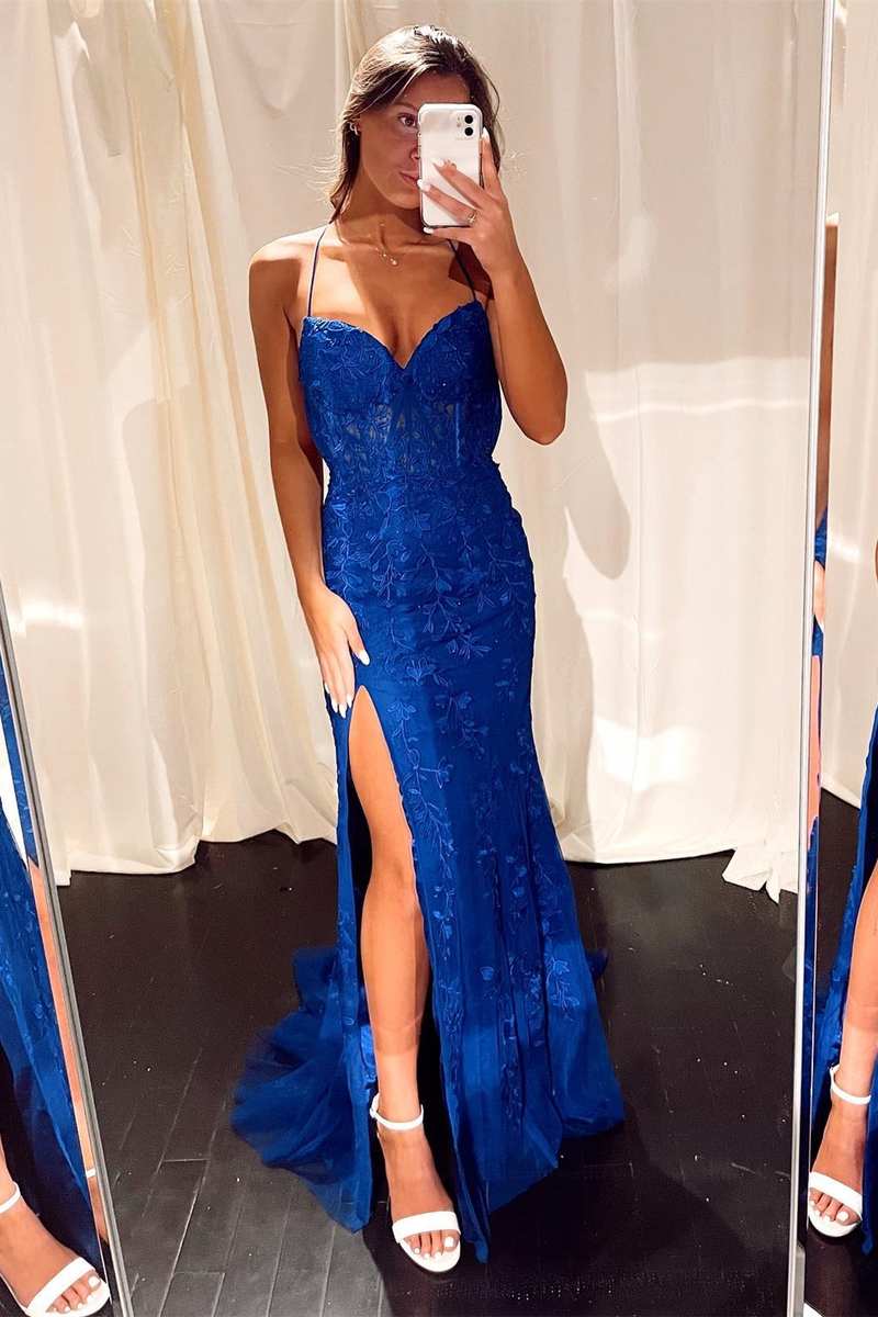 Royal Blue Lace Mermaid Long Formal Dress with Slit