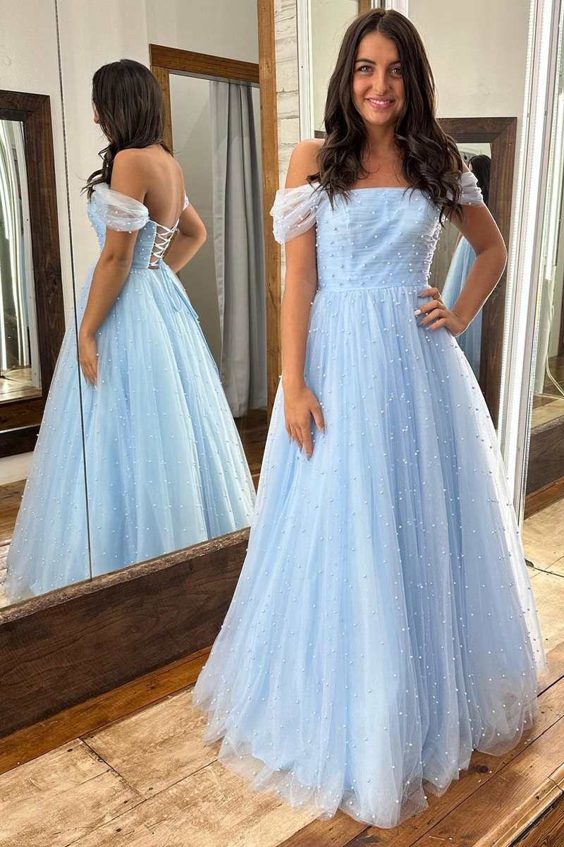 Light Blue Tulle Pearls Off-the-Shoulder Lace-Up A-Line Prom Gown