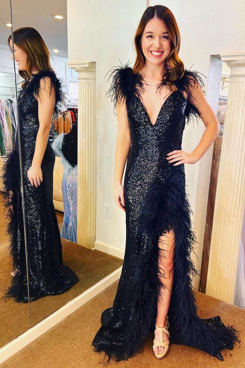 Black Sequin Feather V-Neck Mermaid Long Prom Dress with Slit