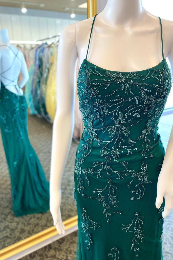 Hunter Green Floral Bead Lace-Up Back Mermaid Long Formal Dress