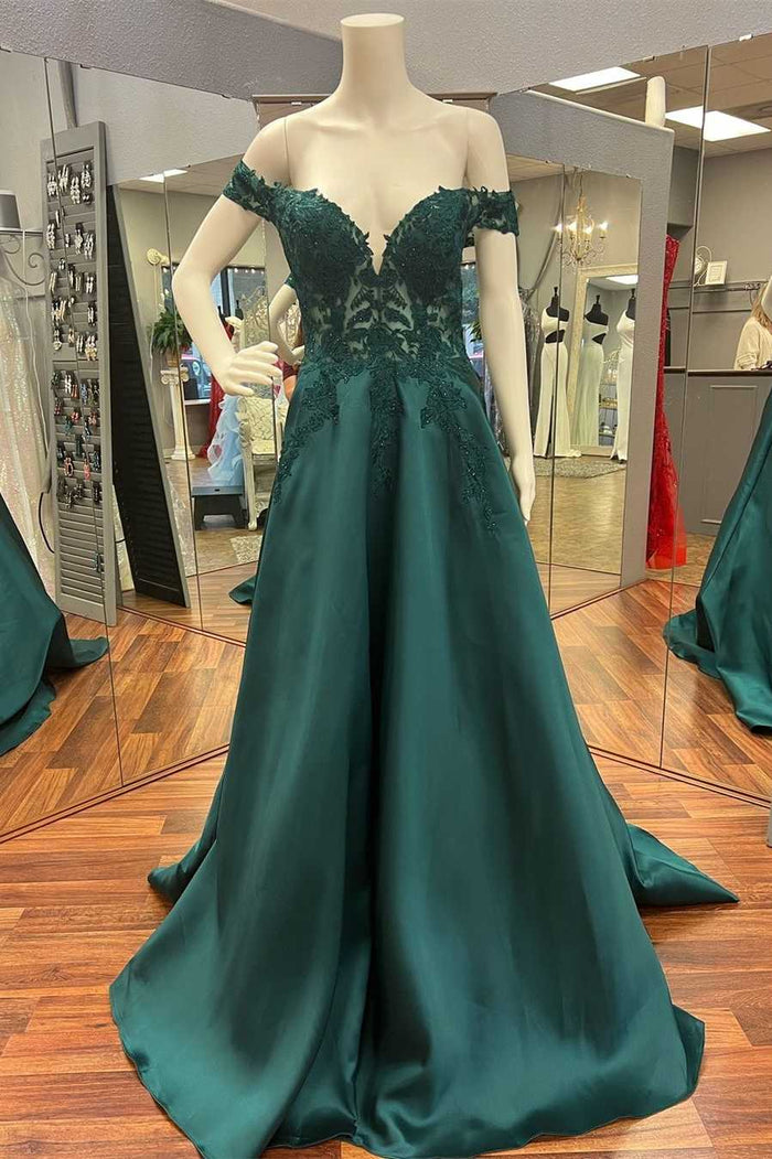Hunter Green Lace Off-the-Shoulder A-Line Long Prom Dress