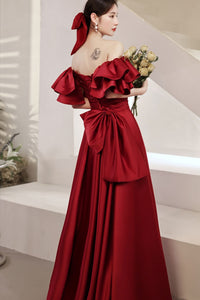 A-Line Burgundy Off-the-Shoulder Bow Prom Gown