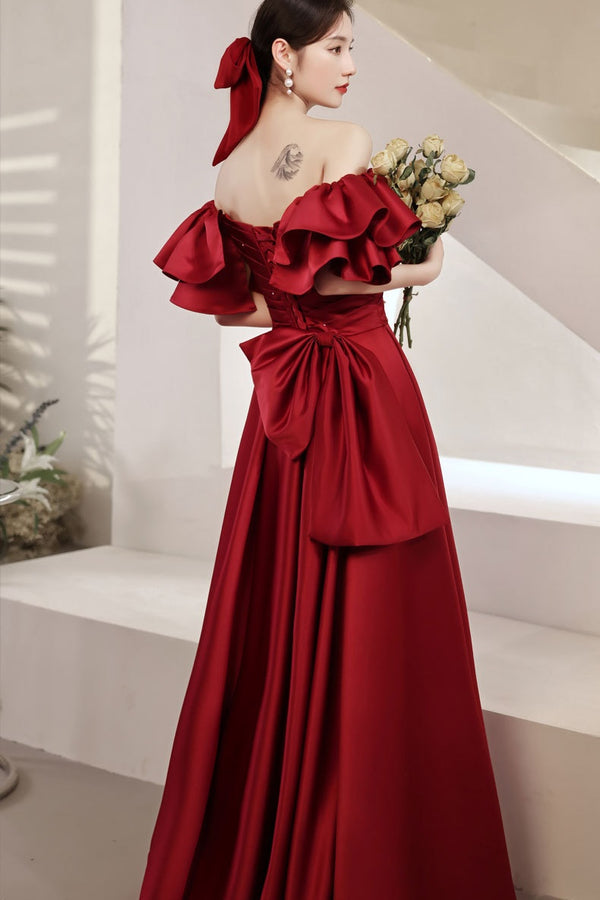 A-Line Burgundy Off-the-Shoulder Bow Prom Gown – Dreamdressy