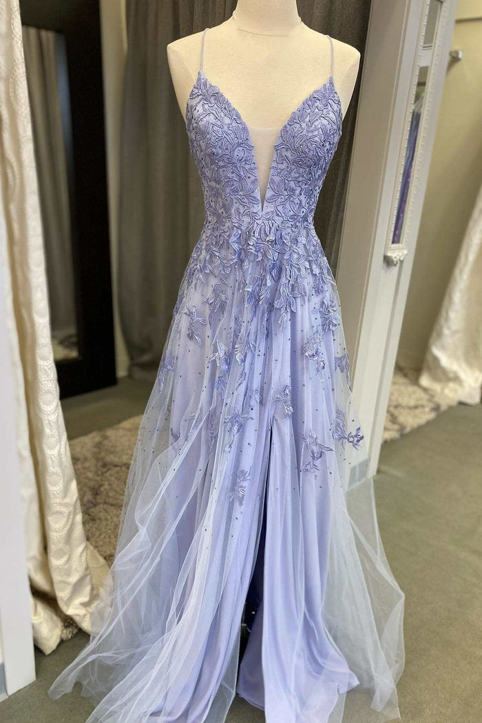 Periwinkle Floral Lace Plunge V A-Line Prom Dress with Slit
