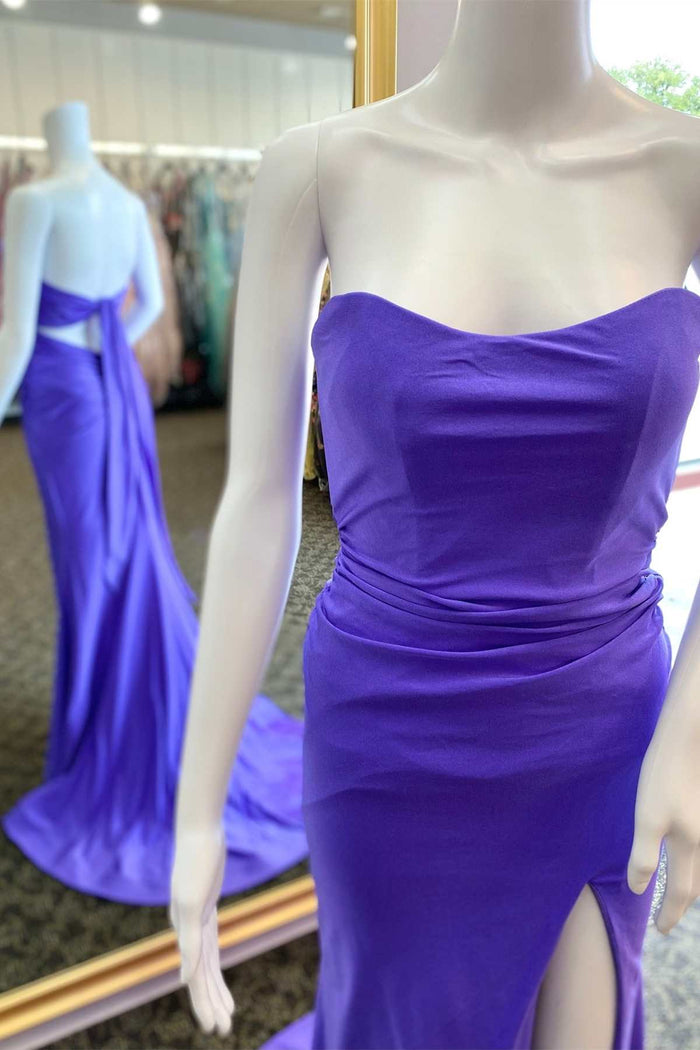 Purple Strapless Tie-Back Mermaid Long Formal Dress with Slit