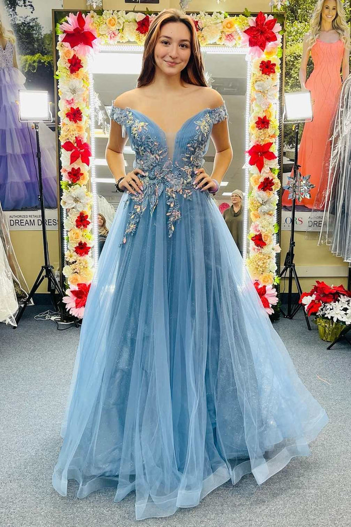 Fairy-Tale Blue Floral Appliques Off-the-Shoulder A-Line Prom Gown