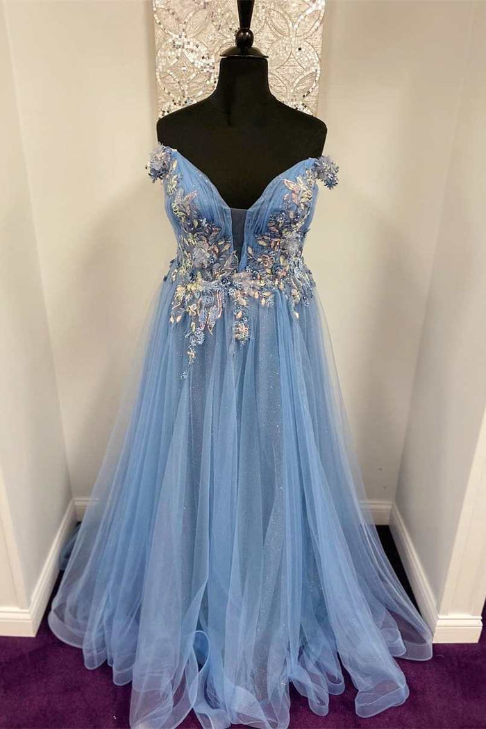 Fairy-Tale Blue Floral Appliques Off-the-Shoulder A-Line Prom Gown