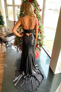 Black Sequin Keyhole Mermaid Long Prom Dress with Slit