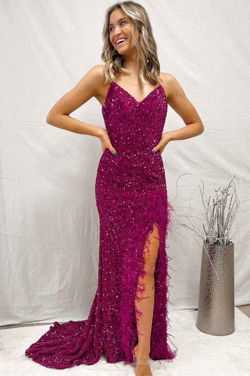 Magenta Sequin Feather Lace-Up Back Mermaid Long Formal Dress
