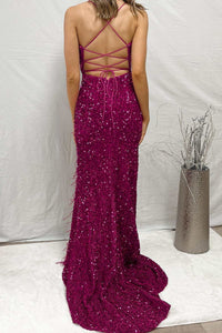 Magenta Sequin Feather Lace-Up Back Mermaid Long Formal Dress