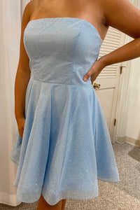 Sparkle Light Blue Strapless A-Line Short Dress