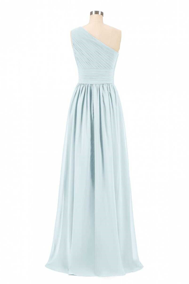 Dusty Blue Chiffon One-Shoulder Banded Waist Bridesmaid Dress