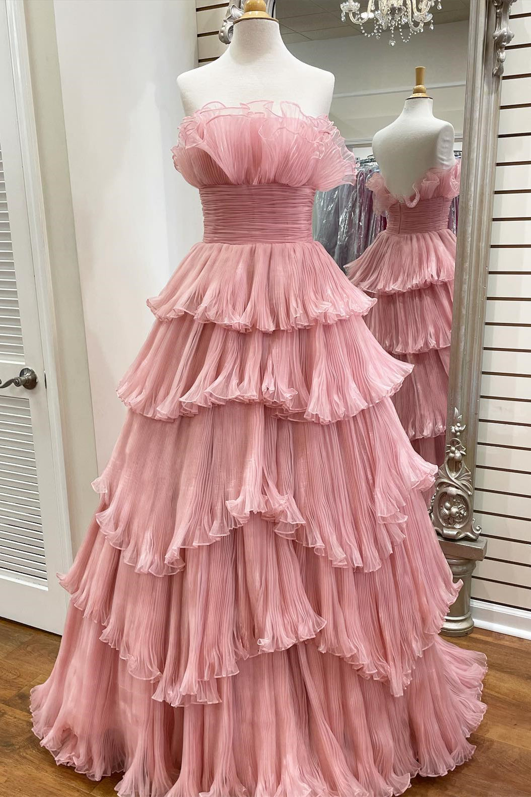 Candy Pink Tulle A-line Strapless Ruffles layers Long Prom Dress