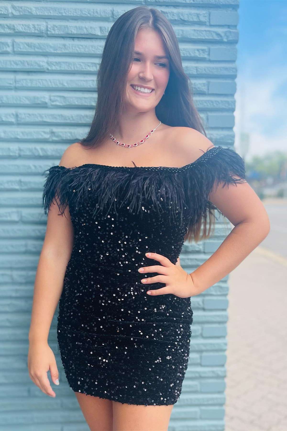 Off-the-Shoulder Feathers Black Sequin Short Homecoming Dress – Dreamdressy