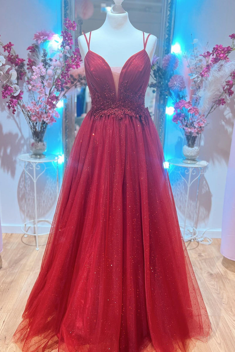 Red Plunging V Neck Double Straps Beaded Appliques Pleated Long Prom Dress