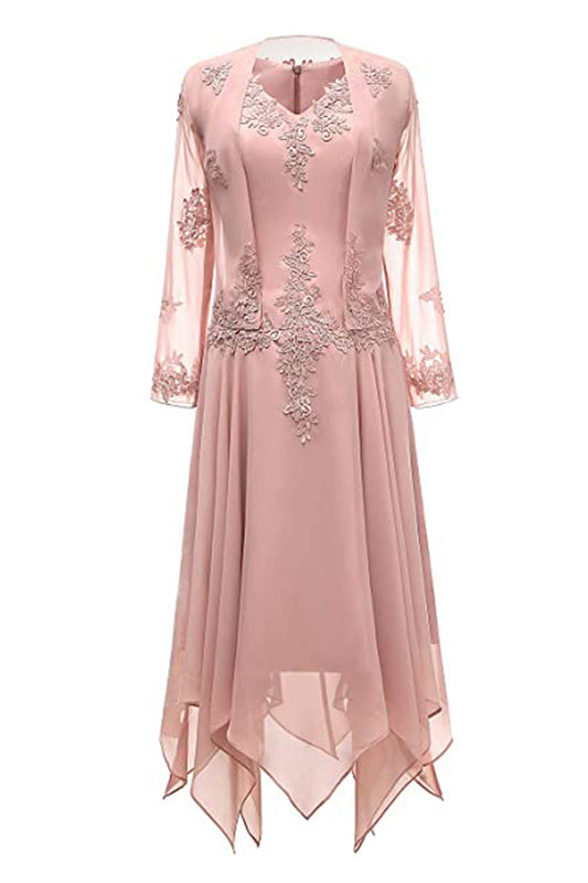 Dusty Pink Two-Piece V-Neck Appliques Mother of the Bride Dress