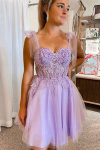 Lilac Floral Lace Tie-Strap A-Line Short Party Dress