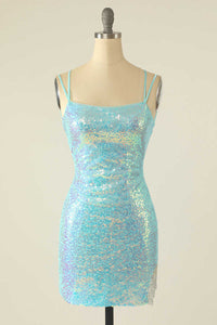 Light Blue Sequin Lace-Up Mini Homecoming Dress
