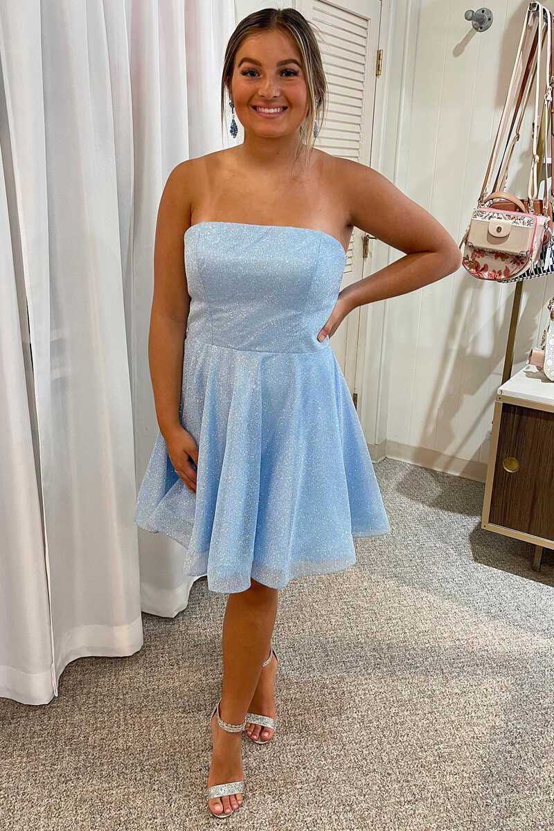 Sparkle Light Blue Strapless A-Line Short Dress