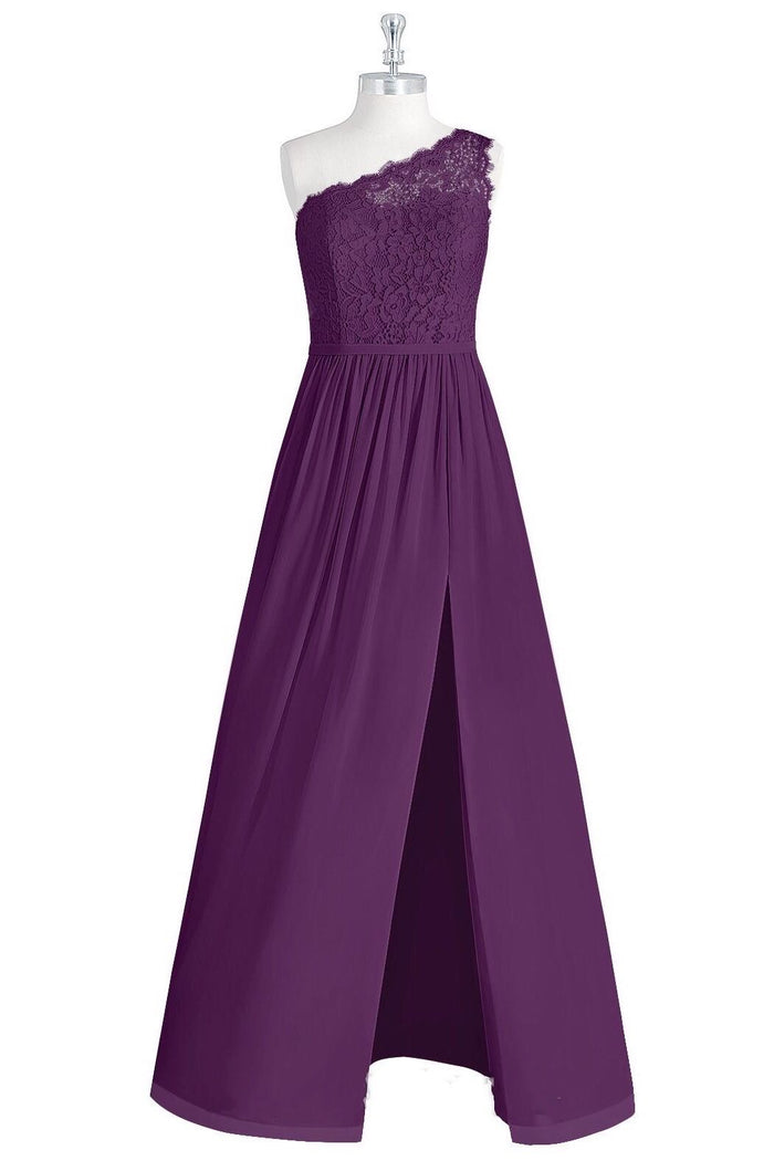 One-Shoulder Purple Lace A-Line Long Bridesmaid Dress with Slit
