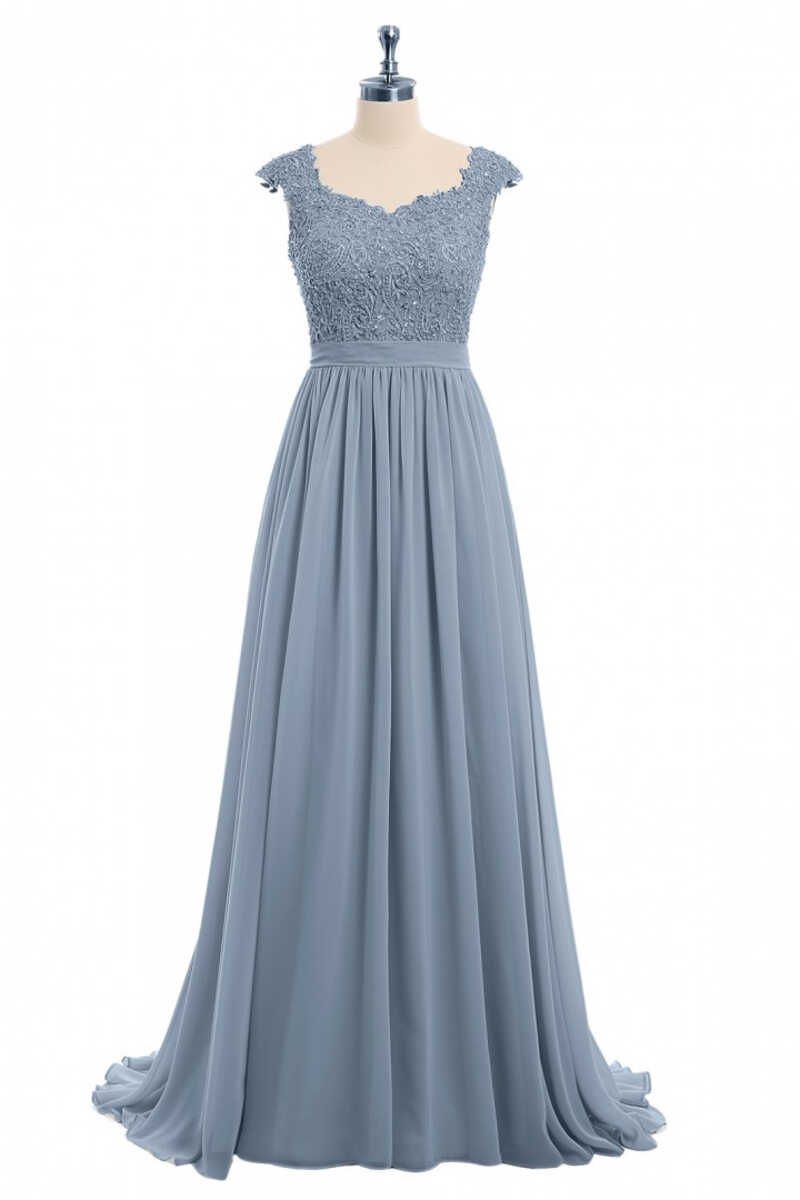 Dusty Blue Lace Cap Sleeve A-Line Floor-Length Bridesmaid Dress