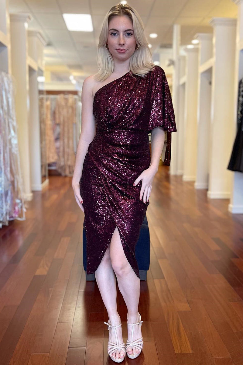 High-Low Burgundy Sequins One-Sleeve Cocktail Dress