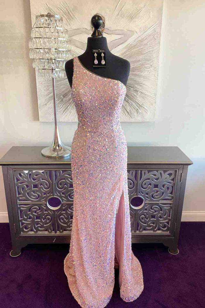 Pink Mermaid One Shoulder Sequins Keyhole Long Prom Dress with Slit