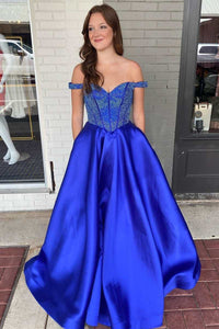 Fairy-Tale Royal Blue Beaded Off-the-Shoulder A-Line Prom Dress