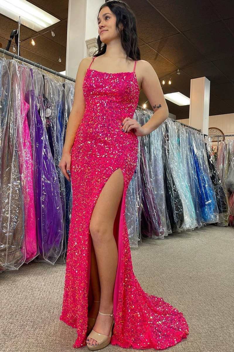 Hot Pink Sequin Lace-Up Back Mermaid Long Formal Dress with Slit
