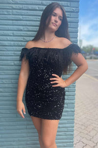 Off-the-Shoulder Feathers Black Sequin Short Homecoming Dress