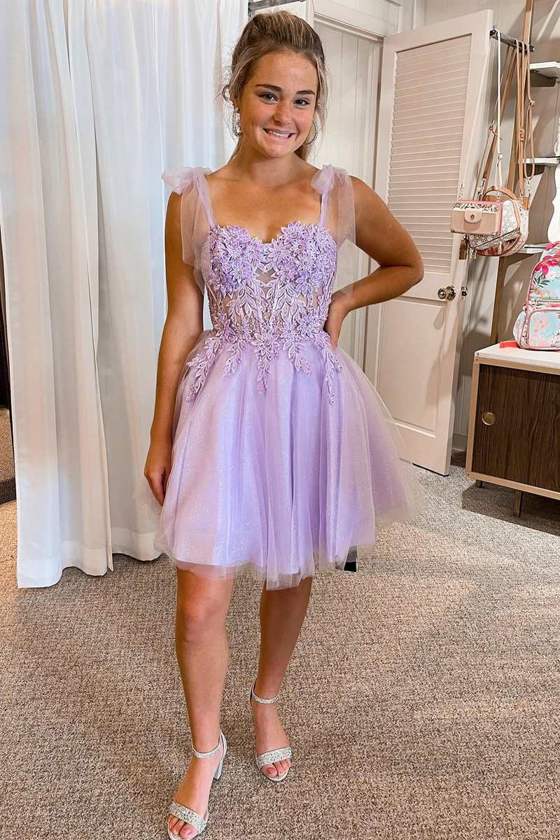 Lilac Floral Lace Tie-Strap A-Line Short Party Dress – Dreamdressy