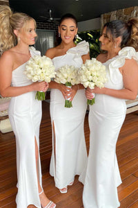 White One-Shoulder Flower Mermaid Long Bridesmaid Dress