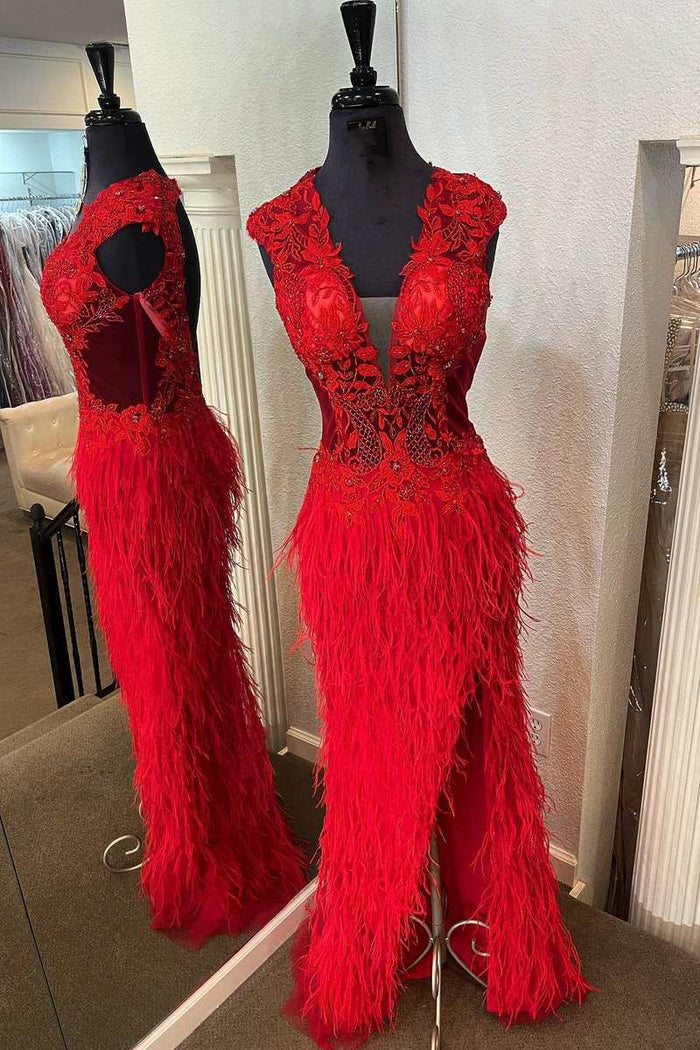 Red Lace Feather V-Neck Long Prom Dress with Slit