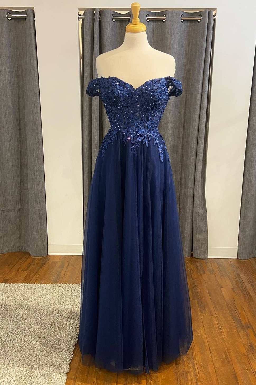 Navy Blue Appliques Off-the-Shoulder A-Line Formal Dress