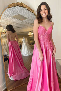 Hot Pink Floral Appliques Lace-Up A-Line Prom Gown