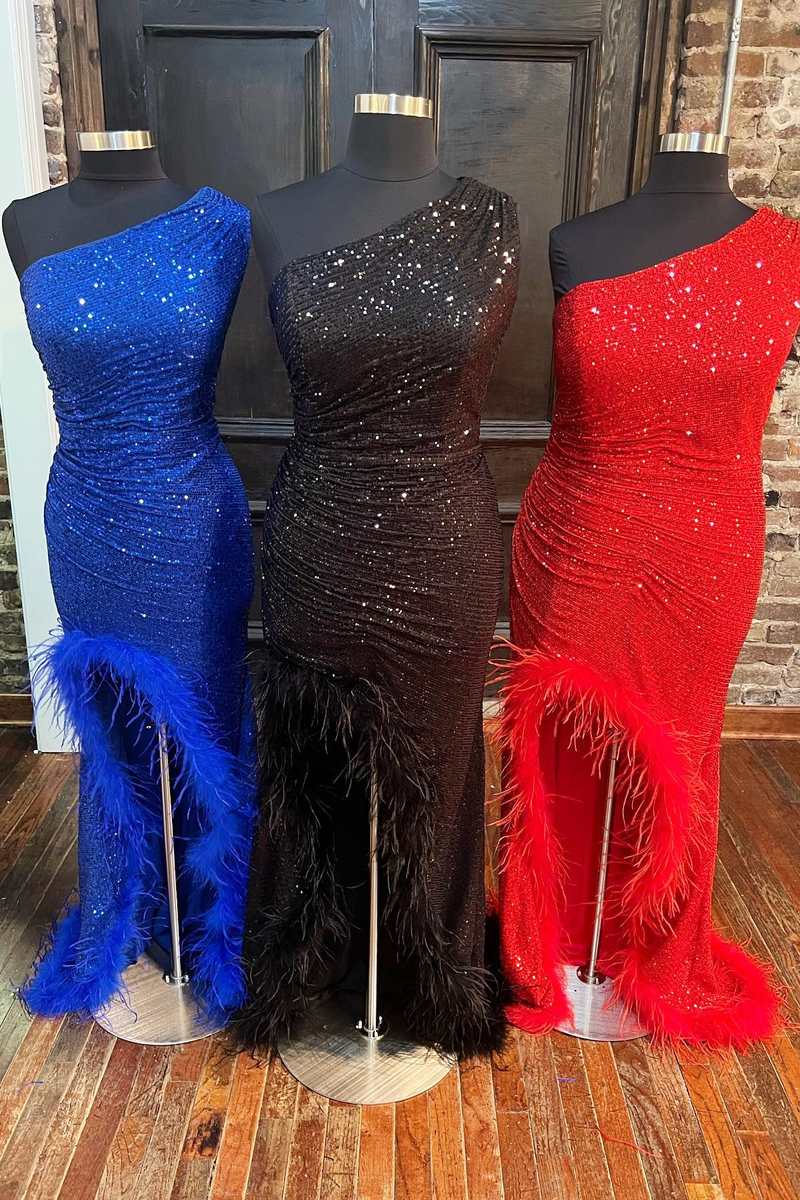 One-Shoulder Sequin Feather Long Prom Dress with Slit