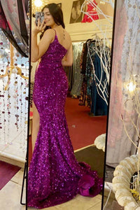 One-Shoulder Purple Sequin Mermaid Long Formal Dress with Slit