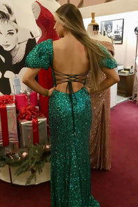 Green Sequin Square Neck Puff Sleeve Backless Mermaid Long Prom Dress