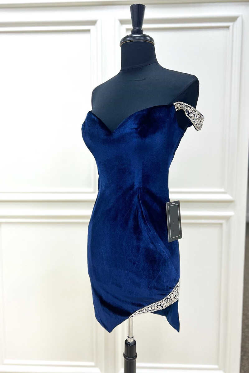 Navy Blue Off-the-Shoulder Beaded Mini Homecoming Dress with Slit