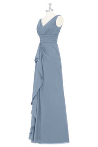 Dusty Blue V-Neck Banded Waist Ruffled Long Bridesmaid Dress