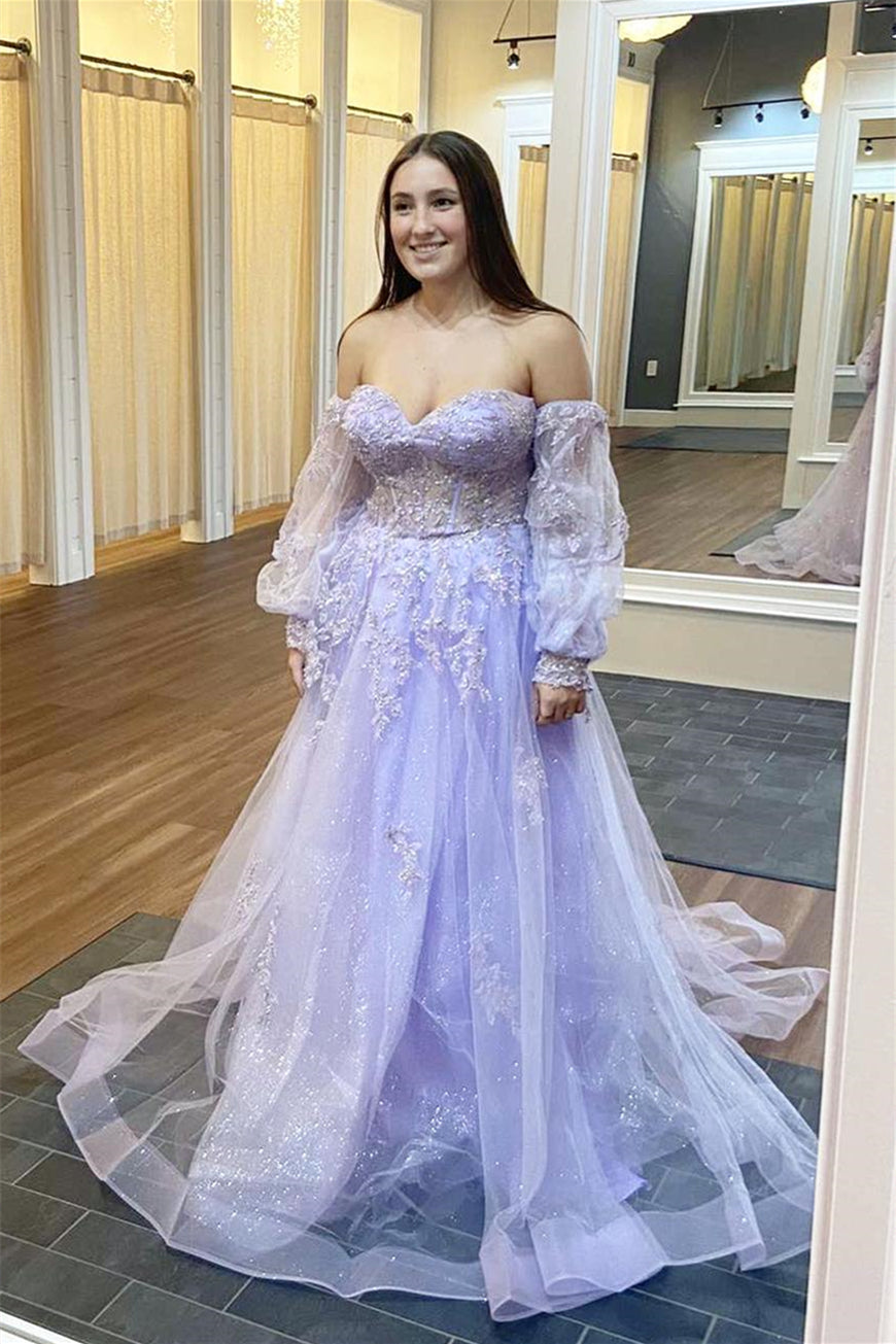 Lilac off the shoulder prom dress best sale