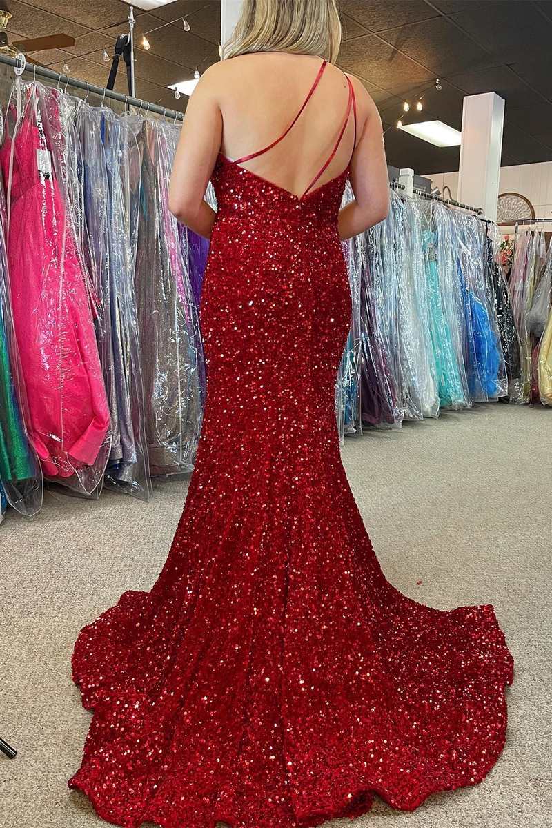 One-Shoulder Red Sequin Backless Mermaid Long Prom Dress