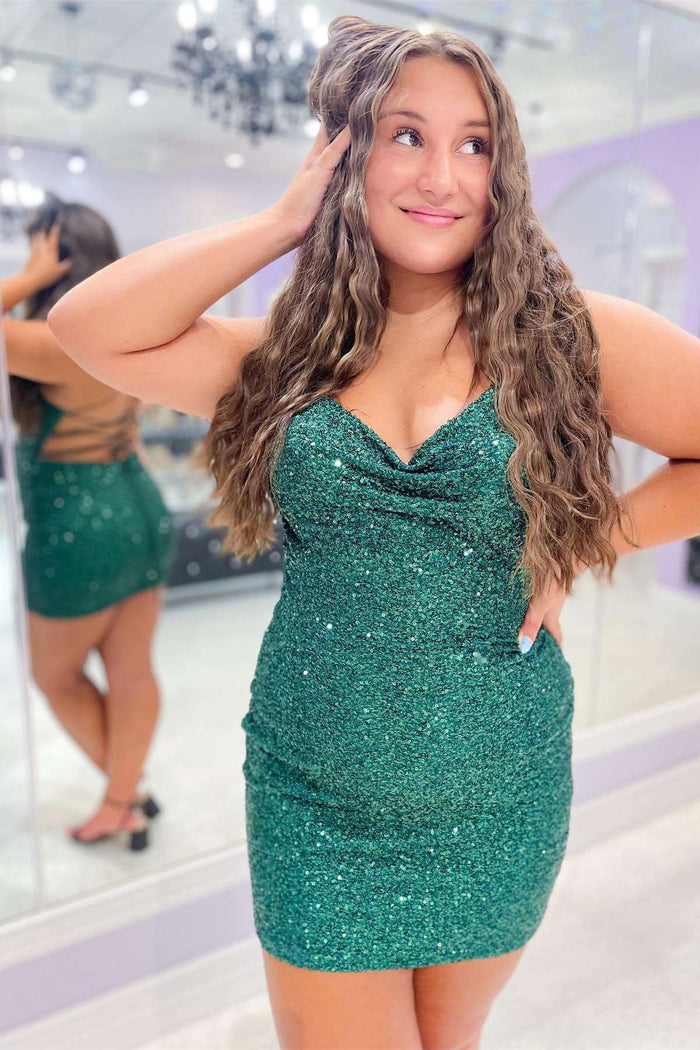 Emerald Sequin Lace-Up Short Homecoming Dress
