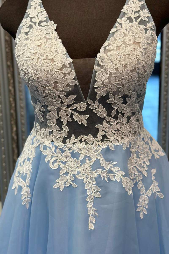 Light Blue Floral Lace V-Back A-Line Long Prom Dress