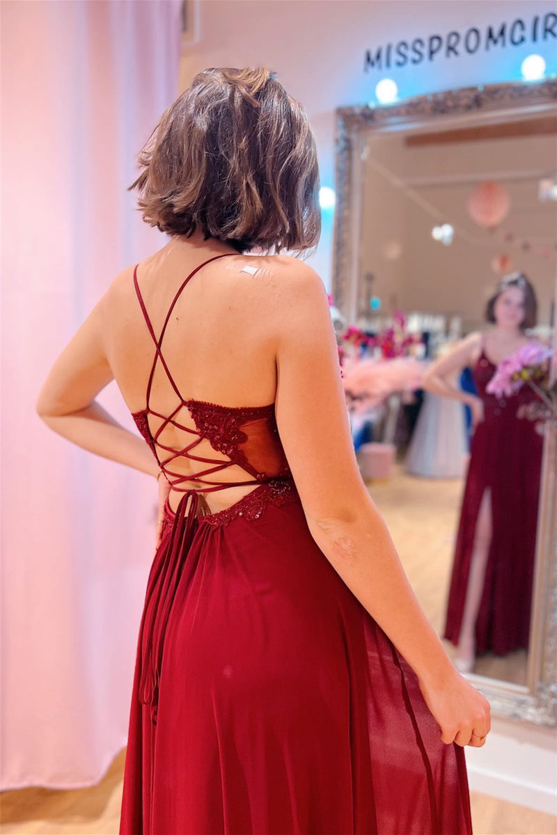 Red Plunging V Neck Lace-Up Back Beaded Appliques Long Prom Dress with Slit