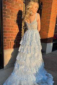 Light Blue Lace Sweetheart Tiered Long Prom Dress with Slit